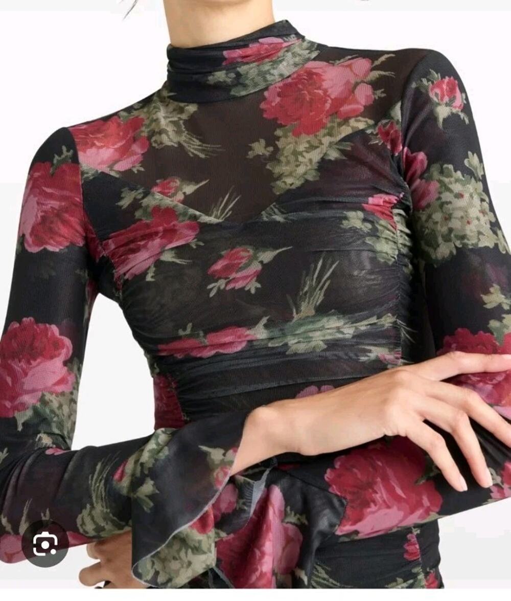 Cinq à Sept Floral Mesh Ruffle Sleeve Blouse Black Multicolor Women’s Small